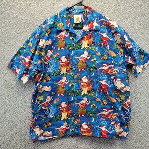 Yo Wear Hawaiian Grampcore Santa Claus Surfing Aloha Short Sleeve Size XL‎ Blue